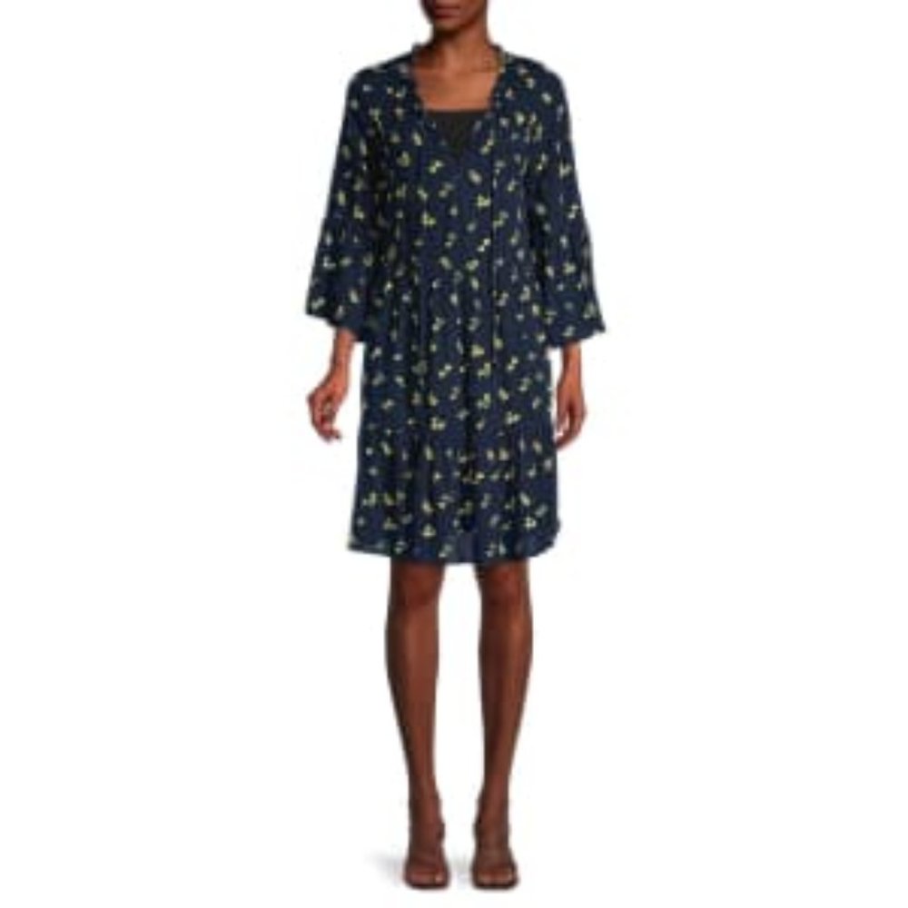 Sperry NWT Blue/Yellow Floral Print A-Line Tiered Dress, Size Large
